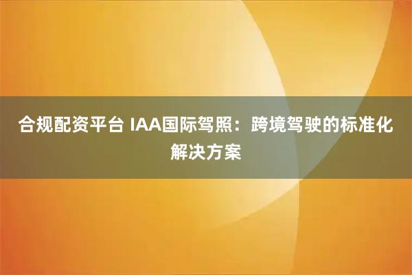 合规配资平台 IAA国际驾照：跨境驾驶的标准化解决方案